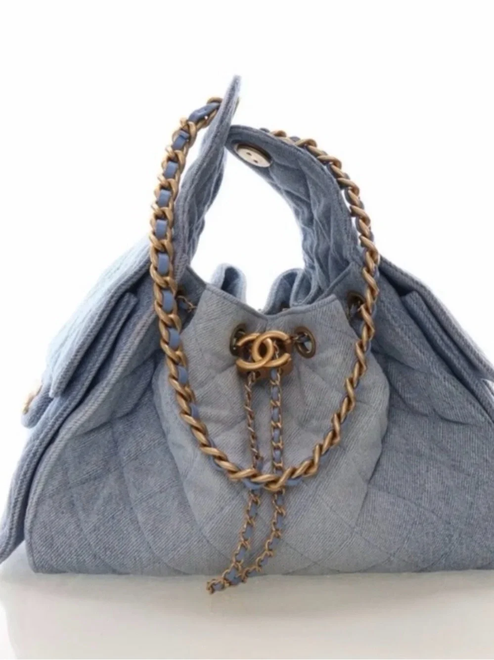 CHANEL Light Blue Quilted Denim Shoulder Bag with Gold-Tone Chain